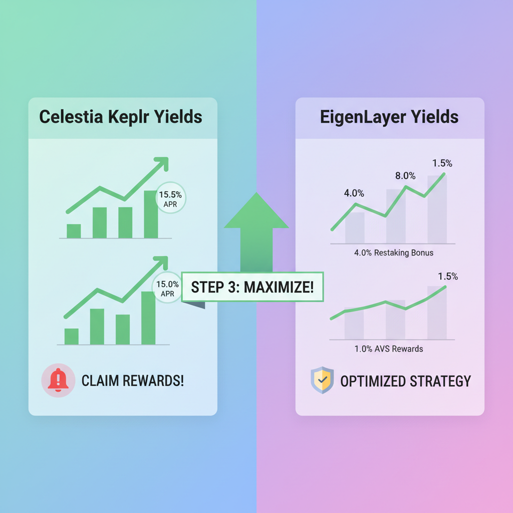 dual dashboard view of Celestia Keplr and EigenLayer yields, rising green charts, alert icons