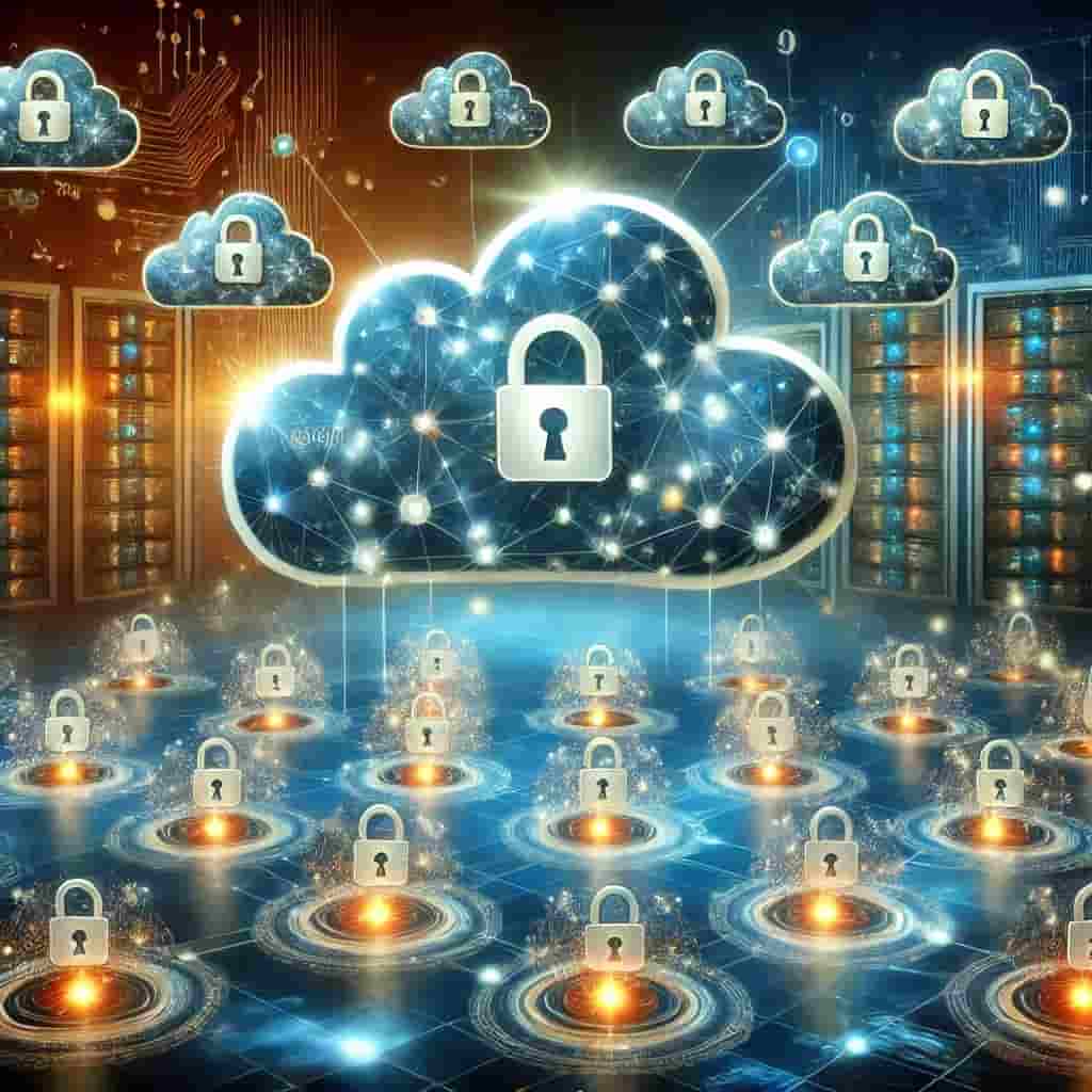 Futuristic data center with blockchain and cloud icons merging, representing EigenCloud's trustless and verifiable cloud architecture