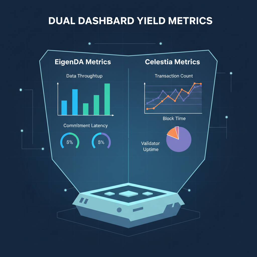dual dashboard EigenDA Celestia metrics charts yield graphs holographic display