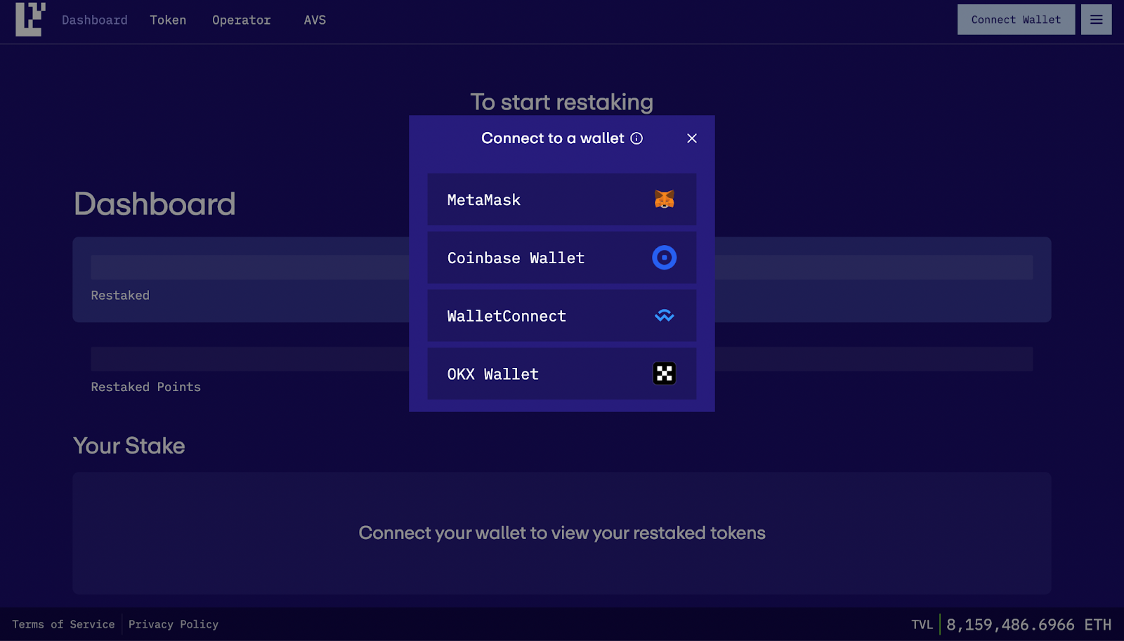 EigenLayer Restaking Dashboard interface screenshot