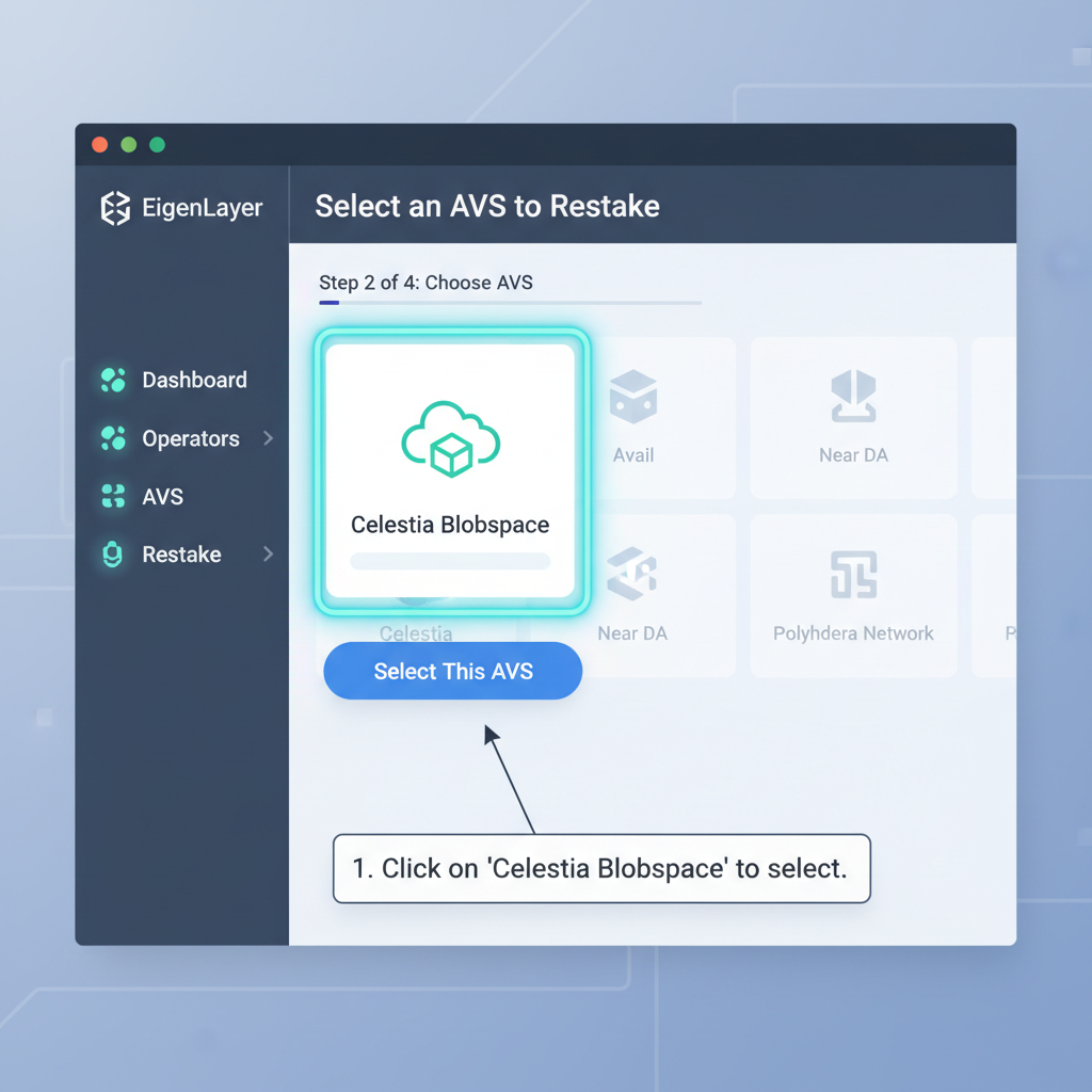 EigenLayer dashboard highlighting Celestia Blobspace AVS selection