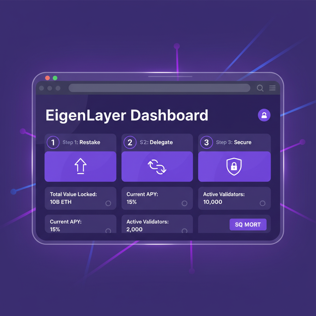 sleek web browser open to EigenLayer dashboard, futuristic purple UI