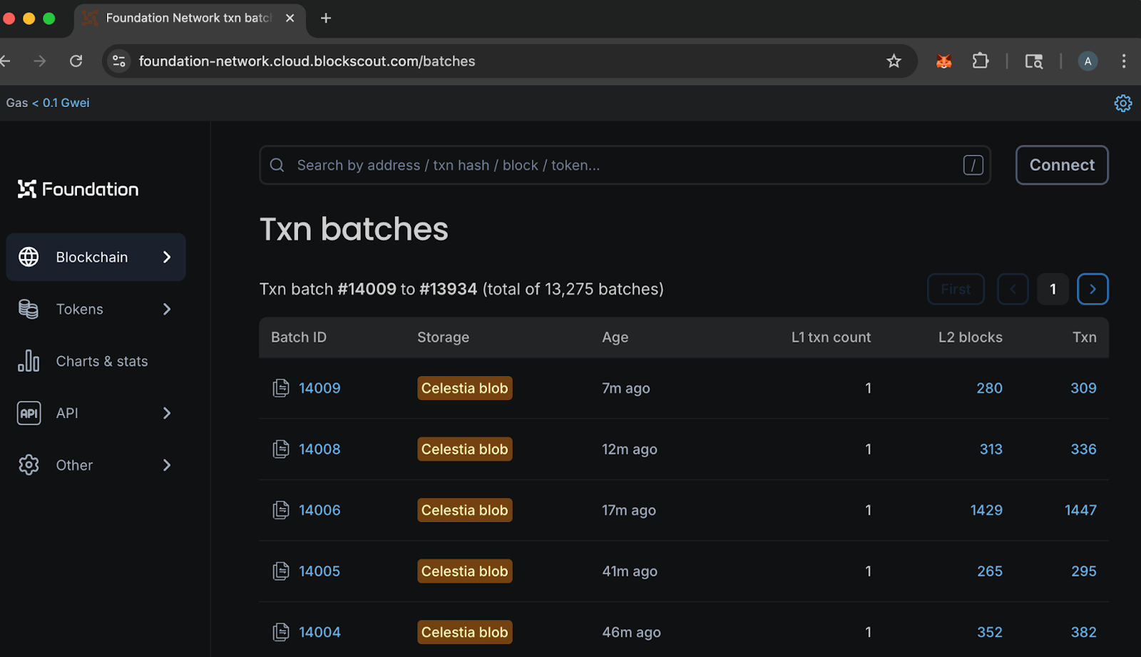 Celestia Explorer dashboard view