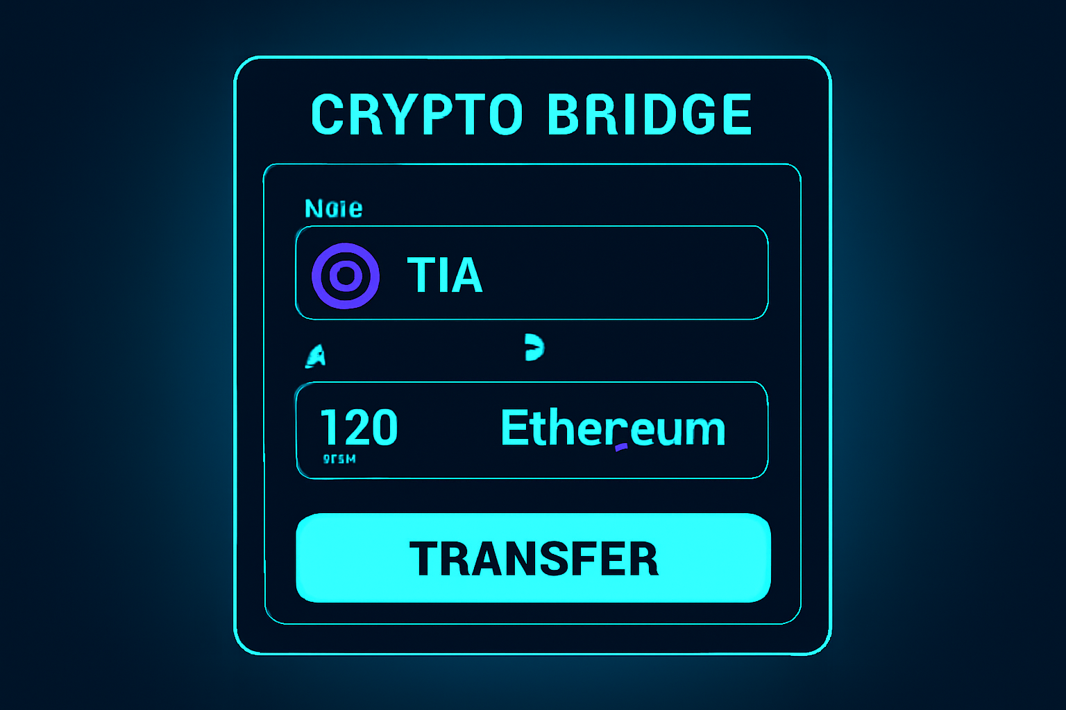 crypto bridge interface transferring TIA tokens to Ethereum, neon futuristic UI