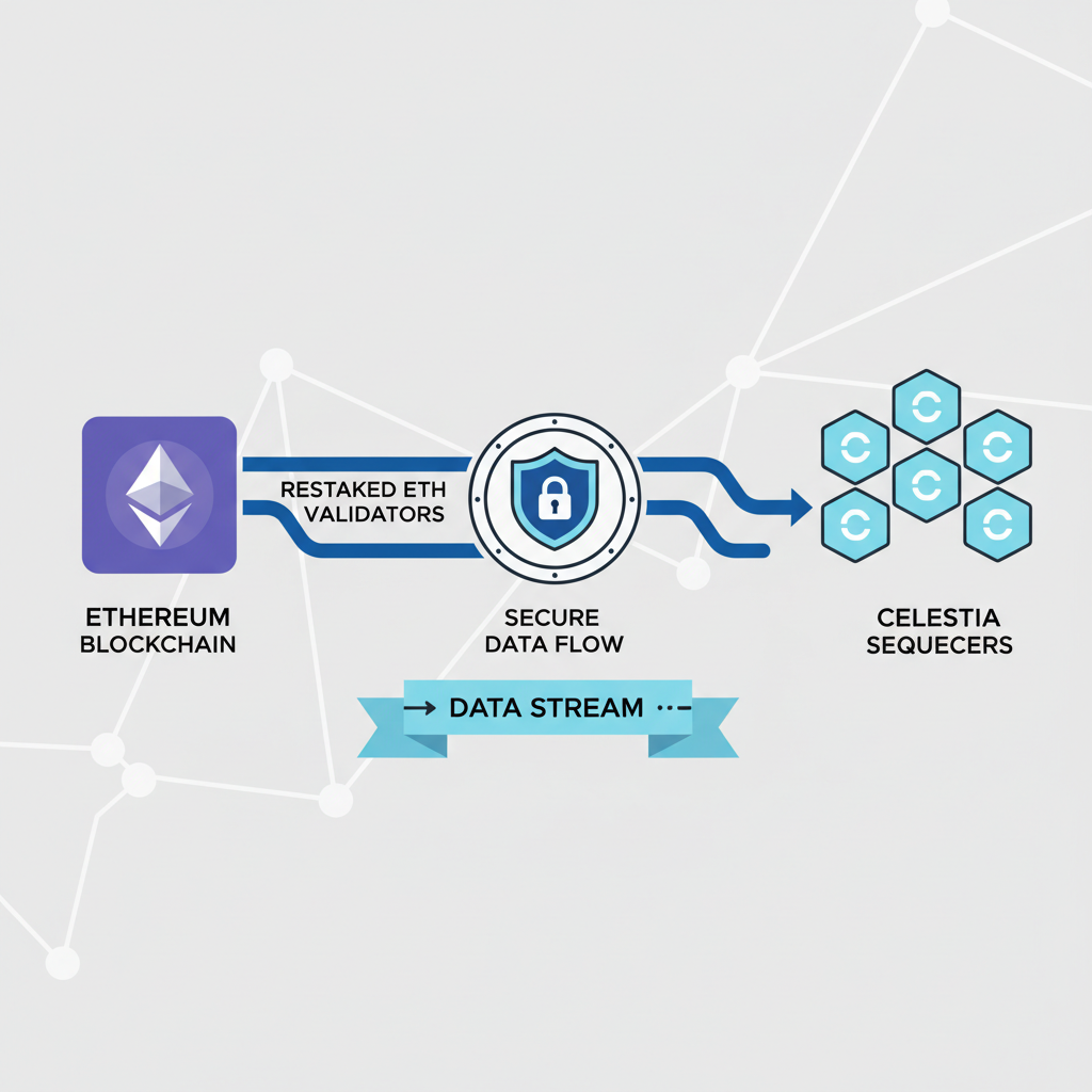 Restaked ETH validators linking Ethereum to Celestia sequencers, secure data flow visualization