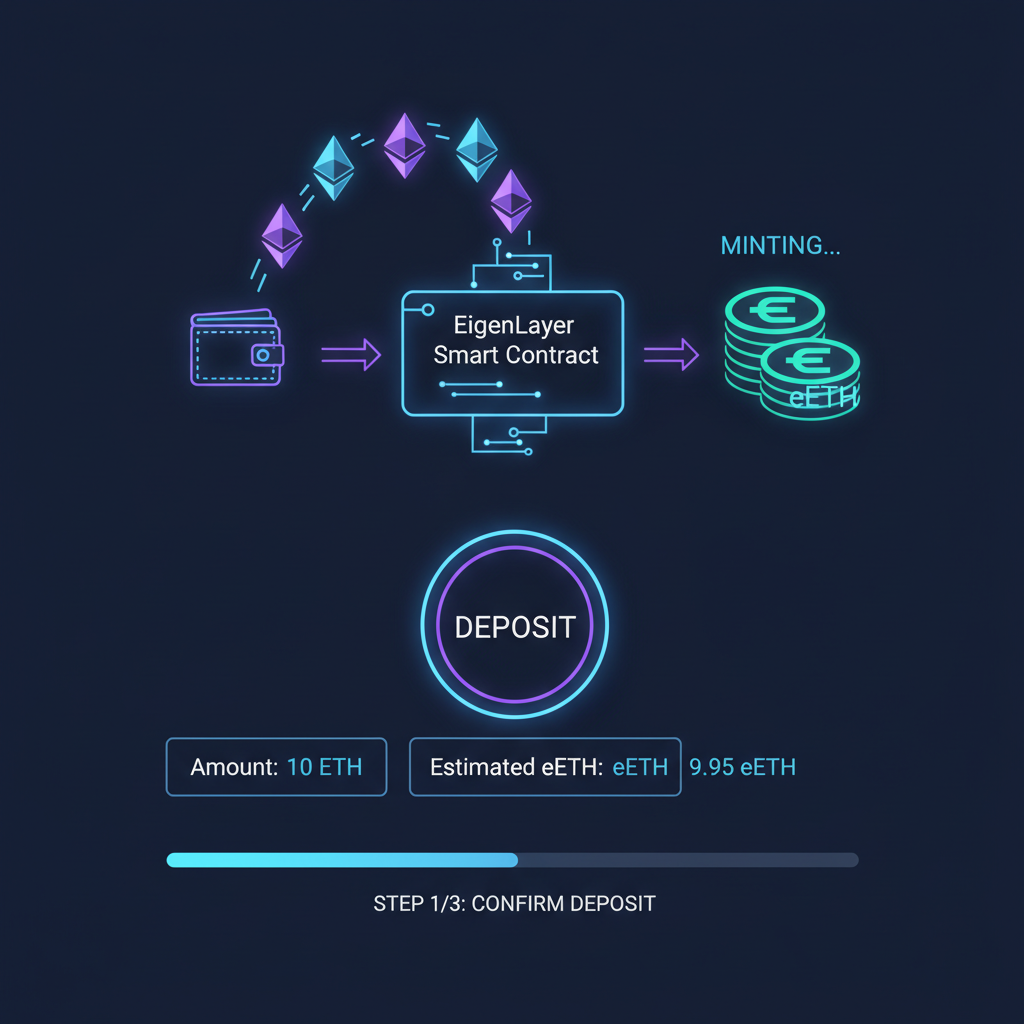 EigenLayer deposit screen ETH flowing into contract eETH token minting neon glow