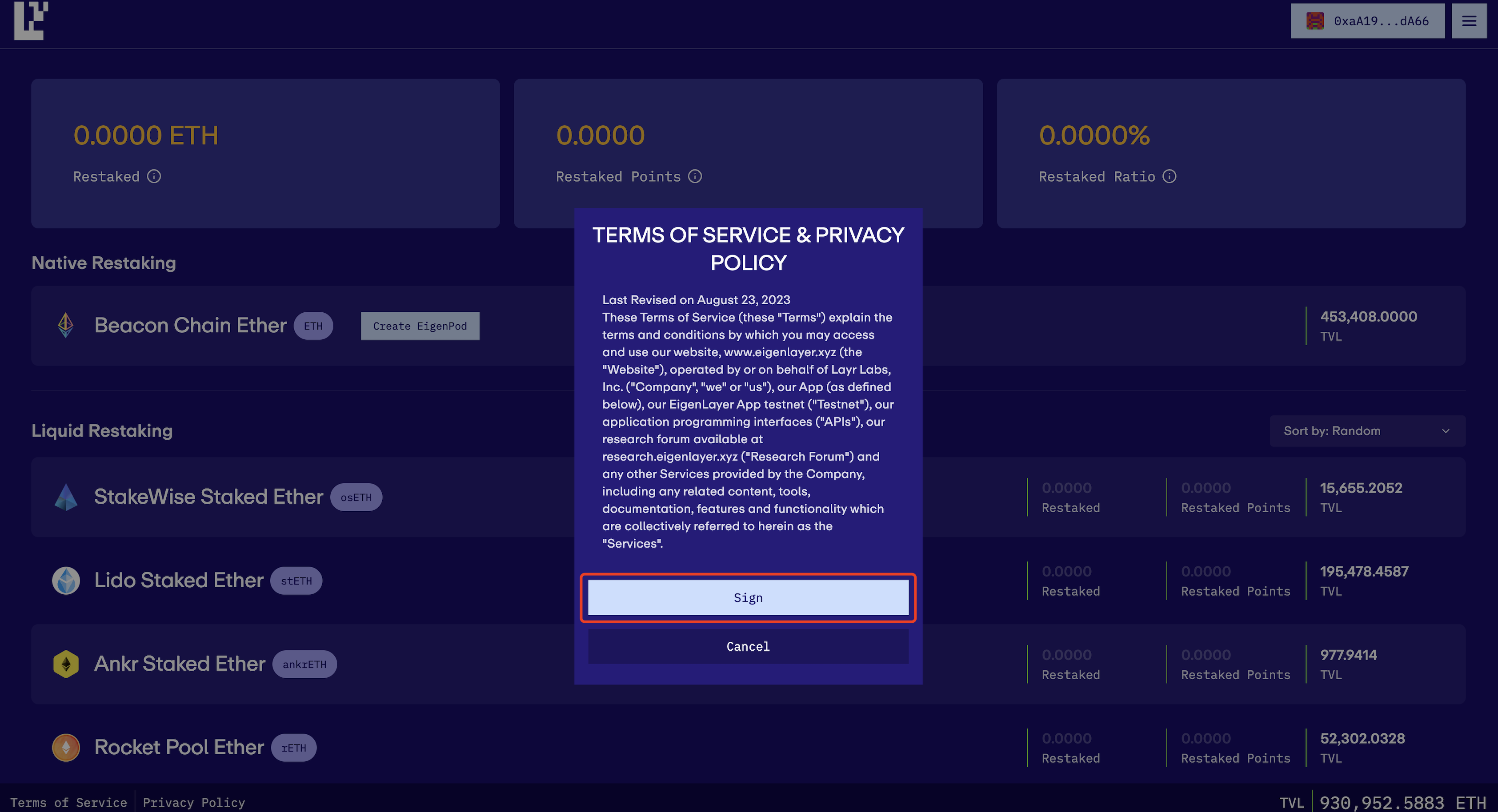 EigenLayer dashboard showing restaked assets and rewards