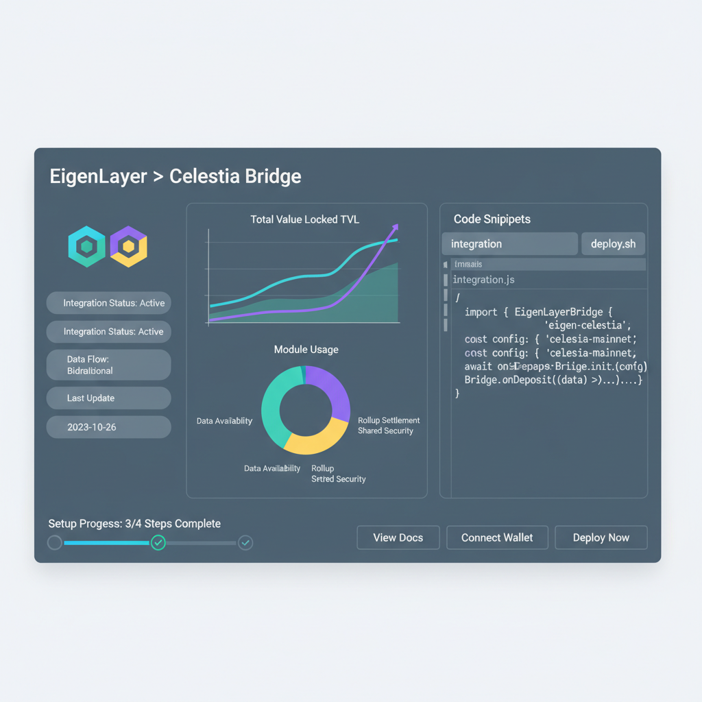 Developer dashboard showing EigenLayer-Celestia integration, charts and code snippets, modern UI