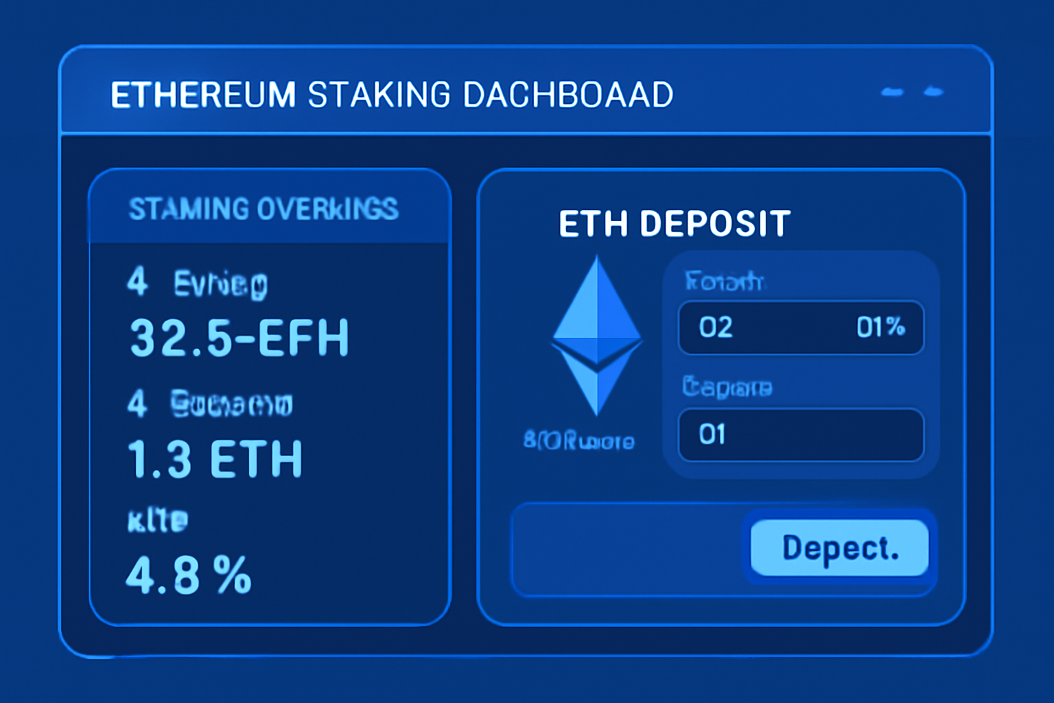 Ethereum staking dashboard with ETH deposit interface, futuristic UI, blue tones