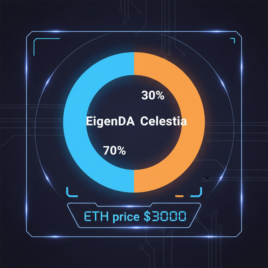 pie chart 70% EigenDA blue 30% Celestia orange ETH price $3000 glowing futuristic dashboard